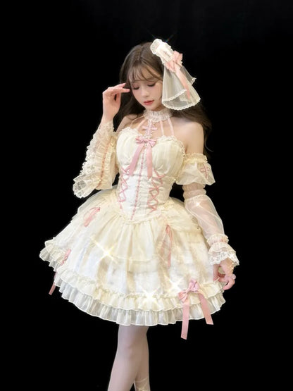 Cross Belle Ivory and Pink Corset Dress Halter Neck Balletcore Lolita JSK