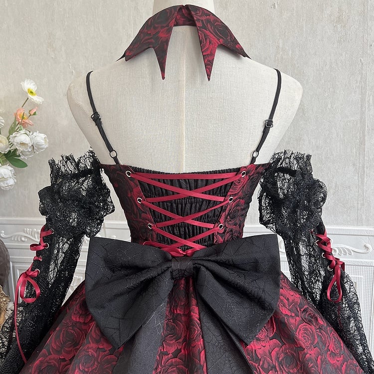Black and Red Gothic Rosette Fabric High-low Skirt Dress Lolita JSK with Sleeves and Collar