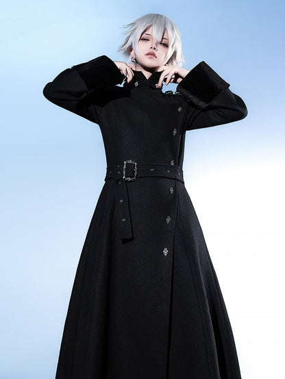 Black Ouji Lolita Stand Collar High Neck Woolen Coat