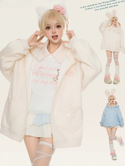Light Blue/Apricot Bunny Ears Design Zip Hoodie with Lace Accents