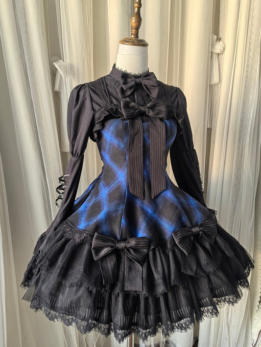 Jupe pull gothique Lolita à carreaux bleus et nœuds noirs décorés d'un ourlet à double épaisseur