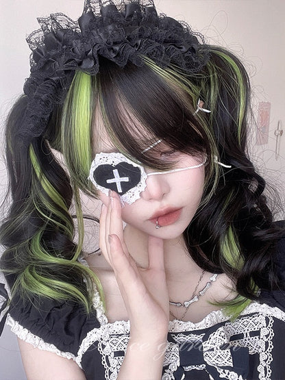 Black And Green Highlights 60CM Long Wavy Wig With Bangs