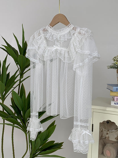 White Long Top Sleeves Tulle Sheer Dots Lace