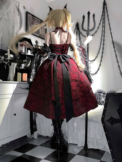 Black and Red Gothic Rosette Fabric High-low Skirt Dress Lolita JSK