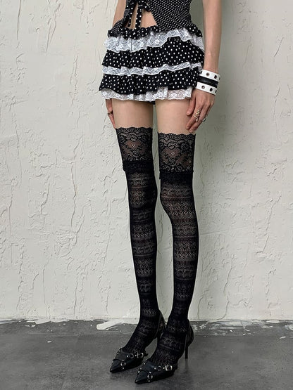 Pattern Stockings Black/White Overknee Design Y2K Floral Hollow-out