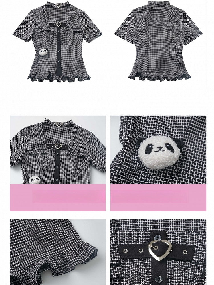 Choker Design Ruffled Hem Plaid Blouse Black Criss-cross All-in-one and