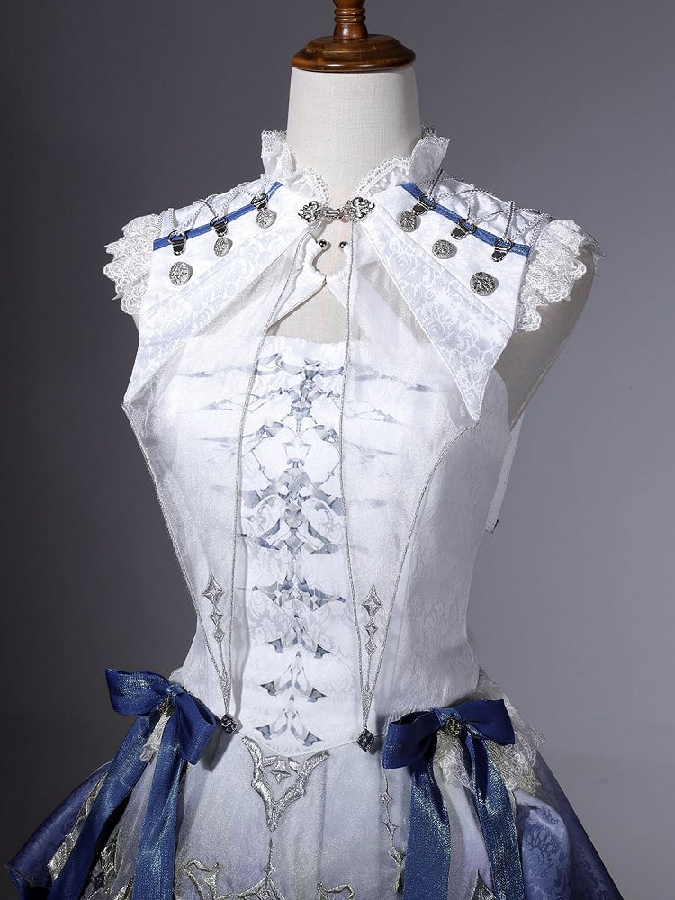 Lolita Handkerchief White Skirt with Blue Dragon And Neck Dress Straps Print Layered Crisscross Gothic Bone