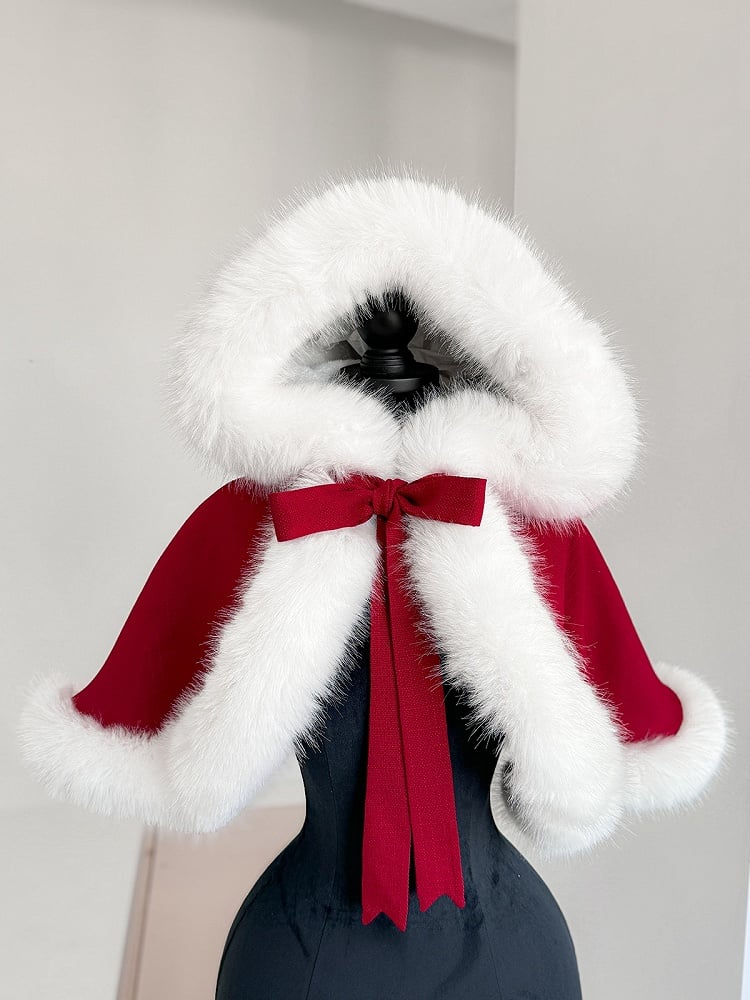 Red Christmas Bows Decorated Plush Neckline and Hemline Boning Dress + Cape Full Set