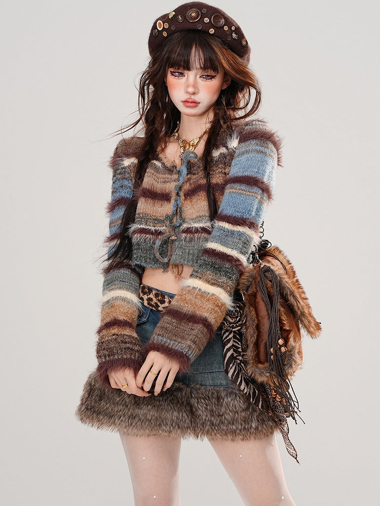 Blue and Brown Tie Dye Striped Cropped Self-tie Straps Cardigan