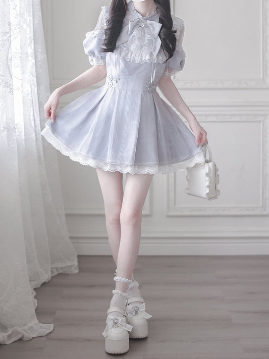 Schulter-Cut-Kleid Dusty Blue Jirai Kei Plaid mit