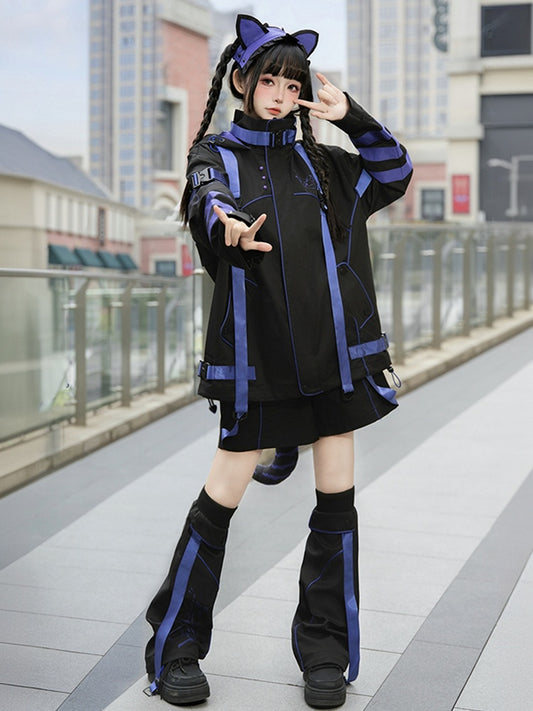 Purple Striped Futuristic Cyber Fashion Black Outfit - Baggy Windbreaker + Straight-leg Shorts/Pants + Leg Warmers Full Set