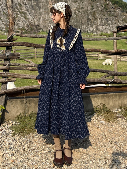 Dark Blue Floral Ruffle Neckline Mori Kei Floral Dress