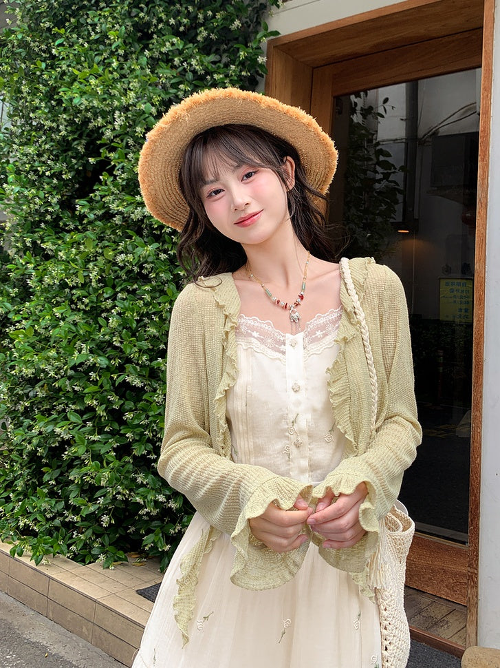 Kei Buttons Beige Floral Embroidery Lace Trim Floral Mori Cami Top
