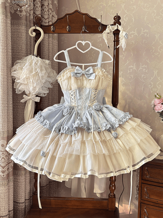 Beige Corset Waist Big JSK Lace-up Sweet Lolita Balletcore Dress Train Bow and with Blue