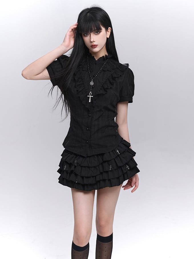 Black Lace Trim Short Sleeves Gothic Blouse