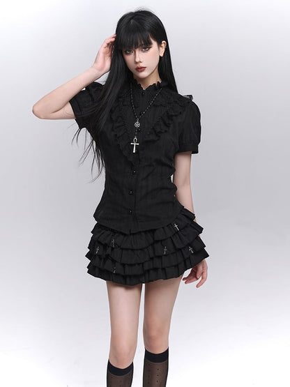 Black Lace Trim Short Sleeves Gothic Blouse