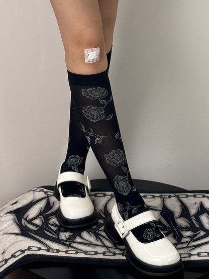 Pattern Stockings Trim Under-knee Black/White Ribbed Rosette