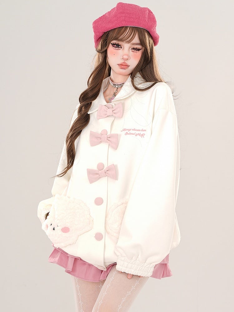 Pink/White Plush Puppy Pockets Polo Collar Jacket