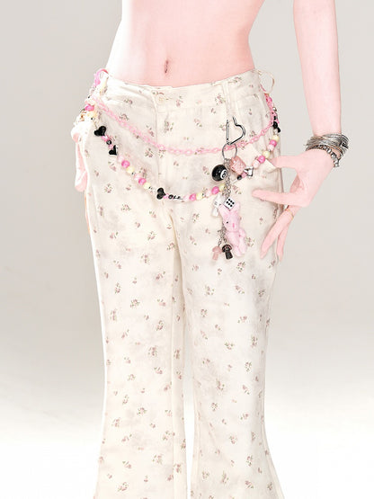 Apricot Low Waist Floral Pattern Slim-fitting Flared Pants