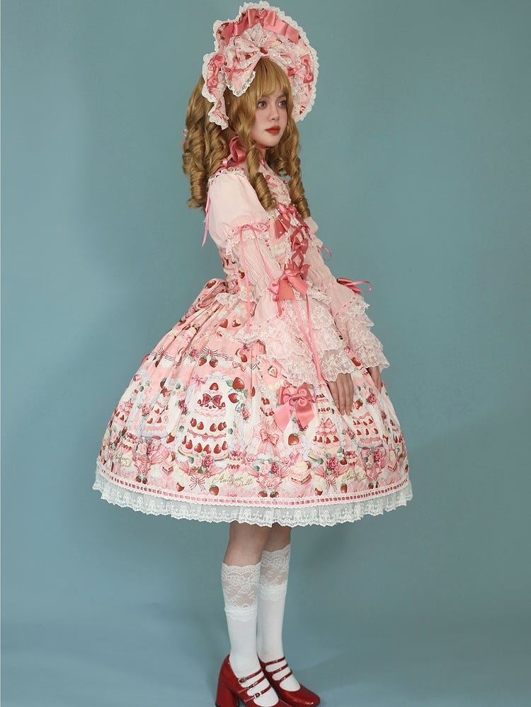 Full Print / Pink Set and JSK Lolita Desserts Sweet Strawberry Bow Accents