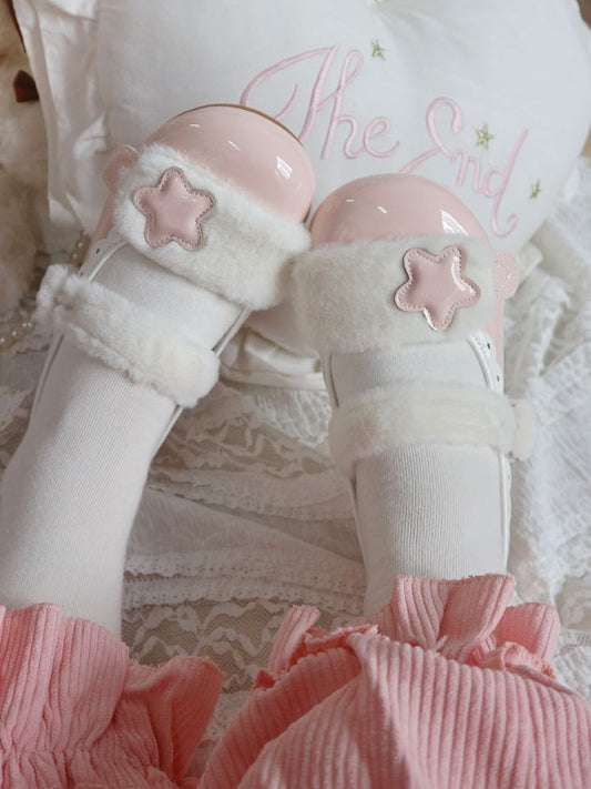 Accent Plush Star Sweet Button Flats White Strap Snap Pink - PU