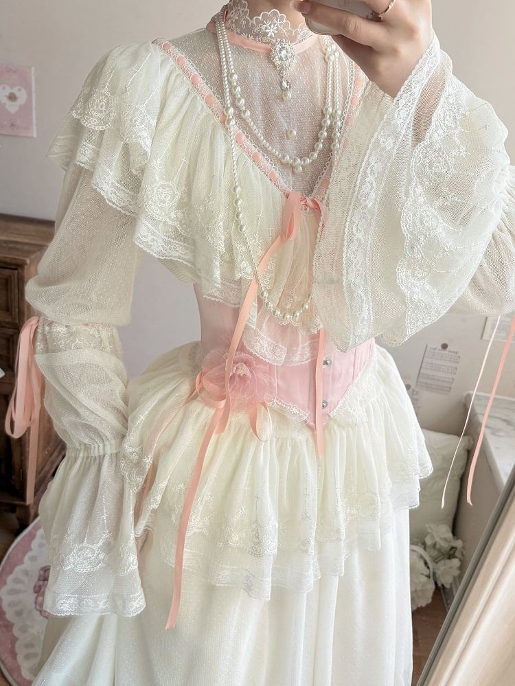 Skirt Necklace Neck Long Blouse Set + Edward Lolita Pink Corset Elegant Beige Beaded - Full Classic