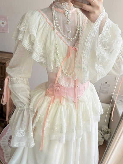 Skirt Necklace Neck Long Blouse Set + Edward Lolita Pink Corset Elegant Beige Beaded - Full Classic