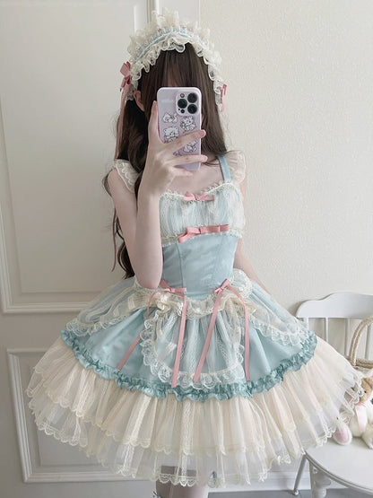 Short Small Fabric Balletcore Skirt Green Bows Lolita Jumper Dress