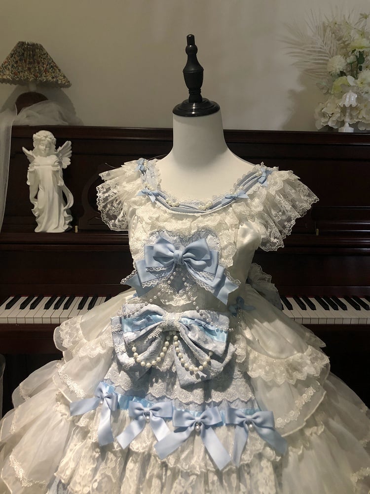Hime Lolita Bows Skirt and Blue Hanayome White Decoration Tiered Dress