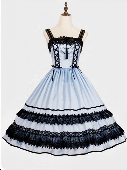 Robe élégante de style chinoiserie bleue et noire + ceinture corset à baleines + ensemble Qi Lolita JSK superposé à pompons
