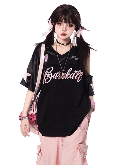 Letter Print Cutout Shoulder V-neck T-shirt and Pink Black