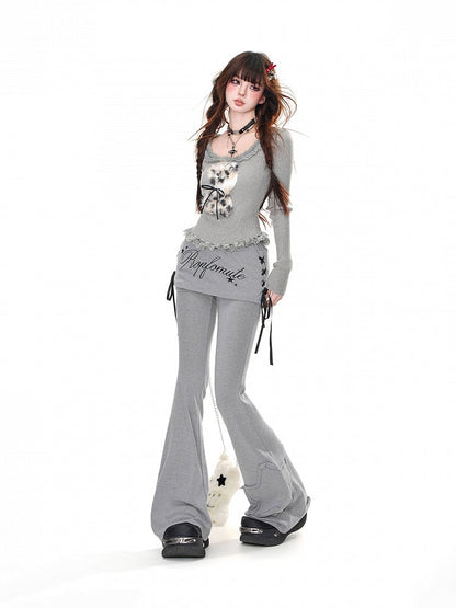 Grey Star Applique Glamorous Flared Pants with Lace-up Detail at Side