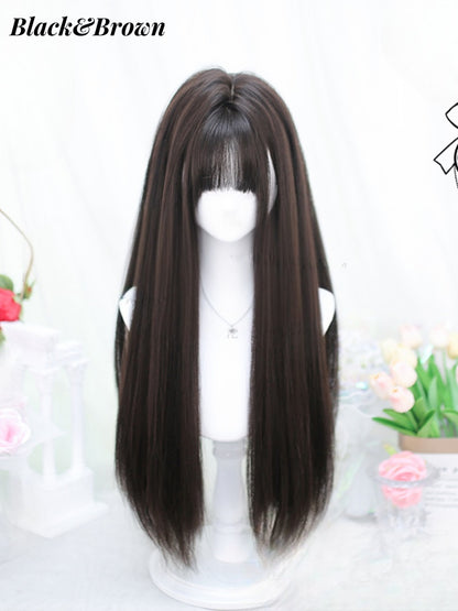 Black/Black Tea/Brown Under Bust Length Straight Wig with Bangs