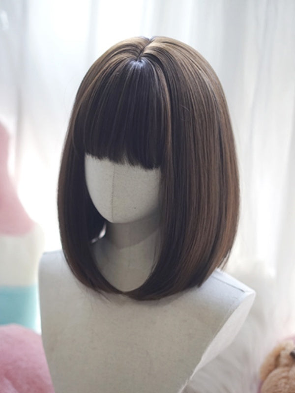 Dark Brown Bob Cut Shoulder Length Straight Wig With Full Bangs