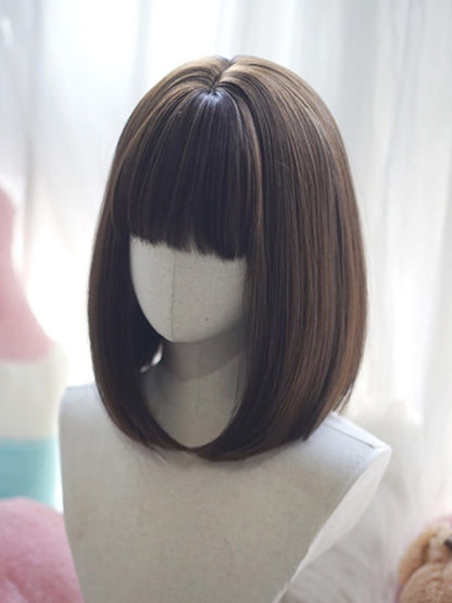 Dark Brown Bob Cut Shoulder Length Straight Wig With Full Bangs