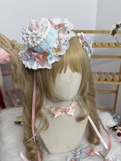Decorations Shaped Bow and Sweet Yellow/Pink/Blue with Cake Hat Mini Lace Lolita