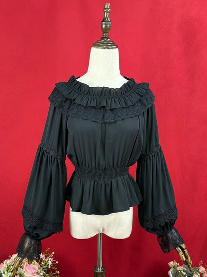 Black Elastic Neckline Chiffon Blouse Smocked Elastic Waist