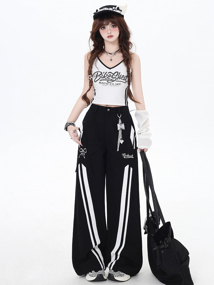 Black High Waist White Stripes Straight-leg Cut Pants