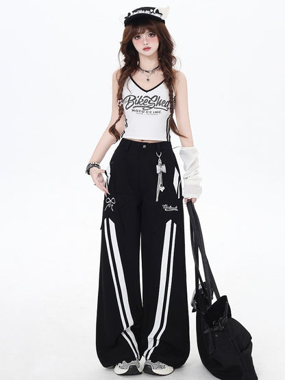 Black High Waist White Stripes Straight-leg Cut Pants