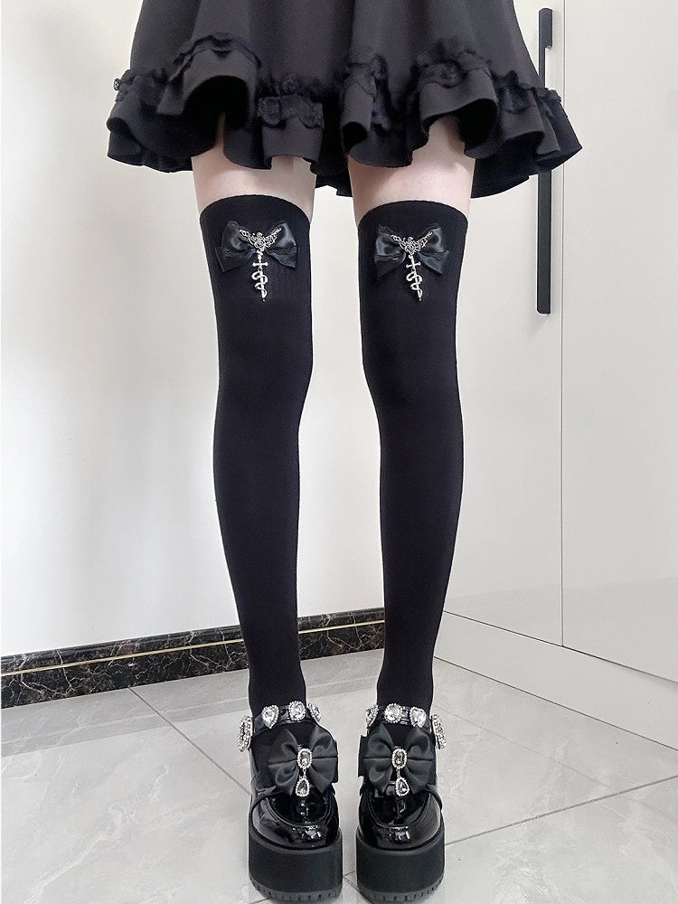 Jirai Kei Black&Red Metal SnakeEmbellished Bowknot Details Overknee Stockings