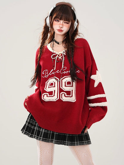 Red/Grey Numbers Lace-up Detail V-neck Loose Sweater