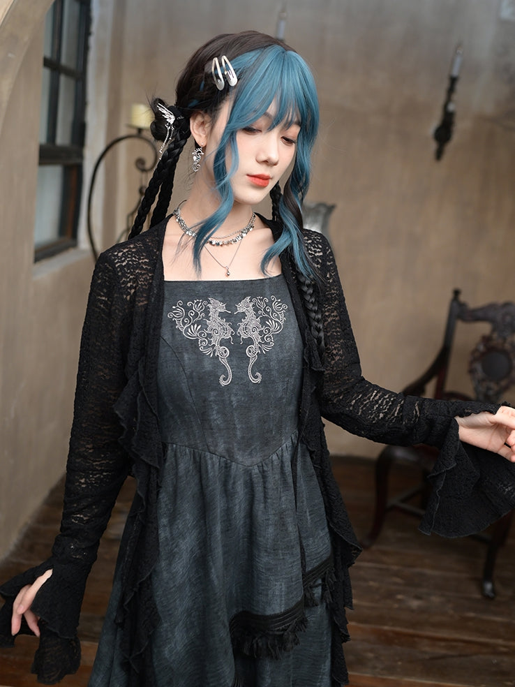 Cardigan Asymmetrical Hollow-out Hem Bell Ruffled Black Lace Sleeves