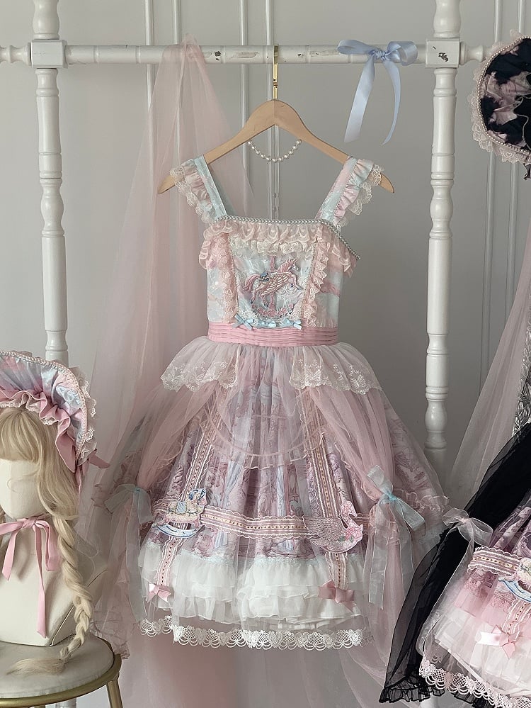 Pink and Blue Curtain Tulle Overlay Flying Horse Skirt Lolita Jumper Skirt