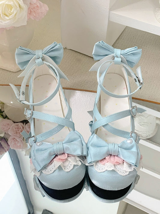 Schleife Herz am Lolita Top Blau Design Schuhe Süß Mit Doppel Knöchel Überkreuzten Riemen Schnallen Schnalle Abnehmbar