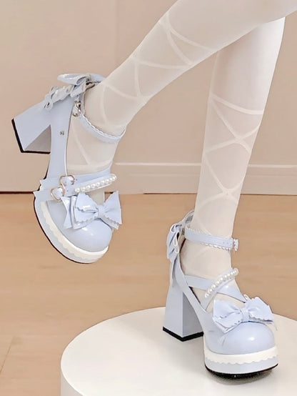 High Style Lolita Details in with Sweet Blue Platform Heels Design Block Bow Crisscross