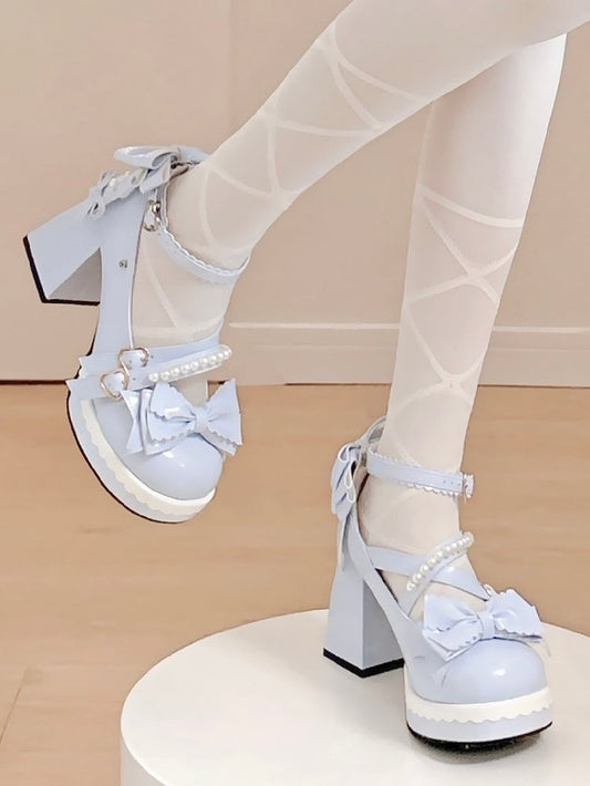High Style Lolita Details in with Sweet Blue Platform Heels Design Block Bow Crisscross