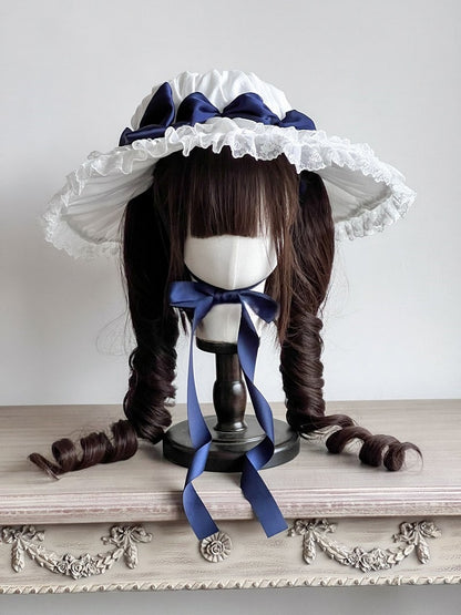 Sweet Lolita Hat with White Lace Trim and Dark Blue Bow