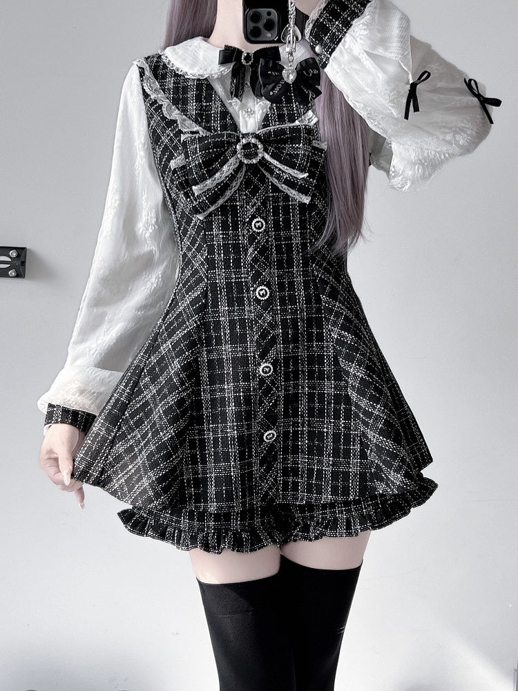 Mini Dress with Shorts Bow Set Detachable Big Jirai Kei Black  White Tweed Peter Pan Collar