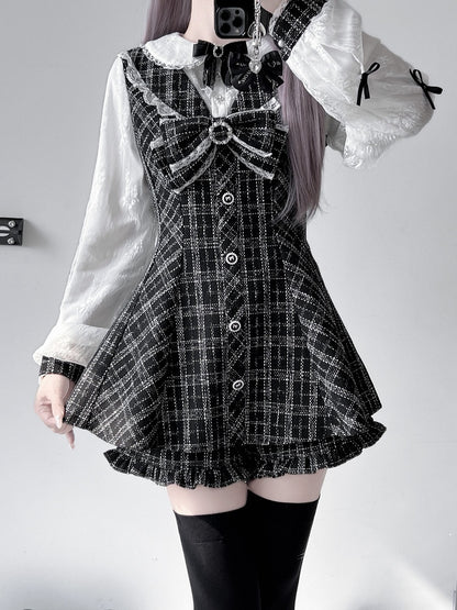 Mini Dress with Shorts Bow Set Detachable Big Jirai Kei Black  White Tweed Peter Pan Collar