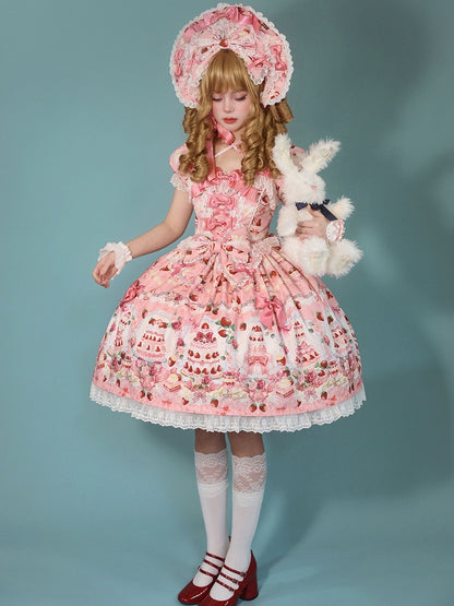 Dress Bow / Print Strawberry Lolita Full Cake Accents Sweet Pink Set
